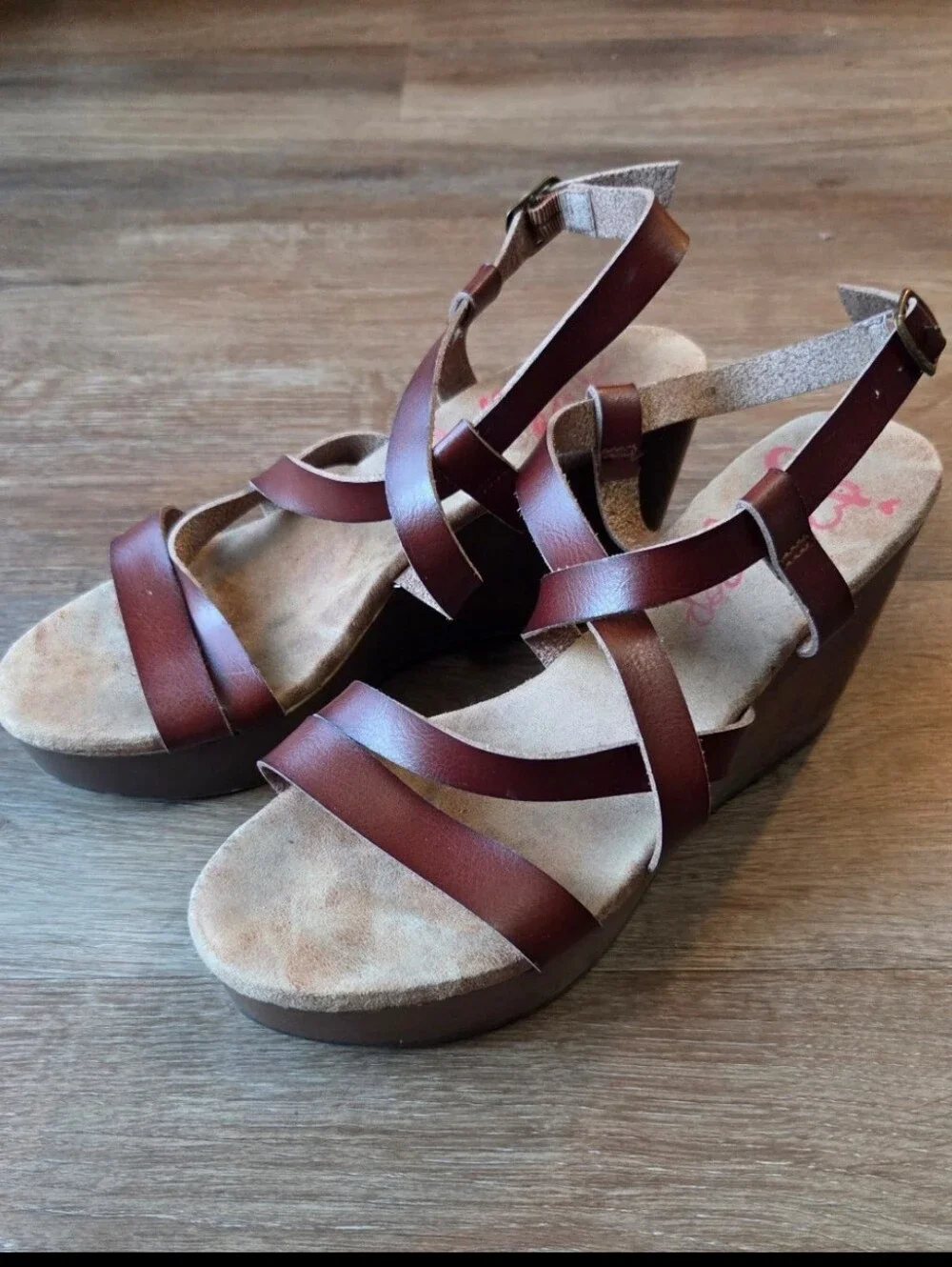 Jellypop Cancan Women's Strappy Brown Leather Wedge Sandals, Size 10
